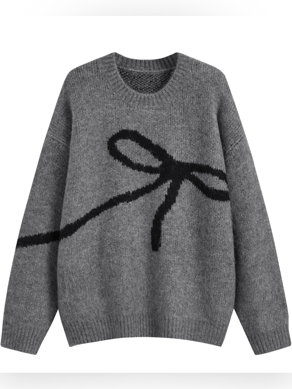 Cider Gray Crewneck Sweater with Black Bow Detail